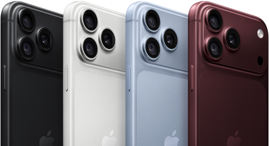 iPhone 18 Pro devices in a row, back exterior, all four colours: Burgundy, Glacier, Silver, Black, Pro Fusion camera system in top left corner, 3 lenses, microphone, flash