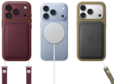 From left to right, iPhone 18 Pro in Burgundy leather case with Burgundy Crossbody strap, middle iPhone 18 Pro in Glacier with White MagSafe charger attached, right iPhone 18 Pro in Silver in green leather wallet case with wrist strap