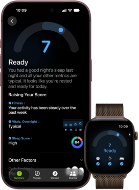 iPhone 18 Pro, black, front exterior, displaying the results of the Readiness status (score of 7), paired with Apple Watch, front facing, brown, displaying the same Readiness score of 7