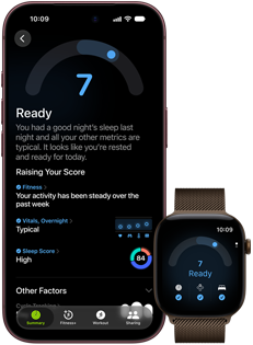 iPhone 18 Pro, black, front exterior, displaying the results of the Readiness status (score of 7), paired with Apple Watch, front facing, brown, displaying the same Readiness score of 7