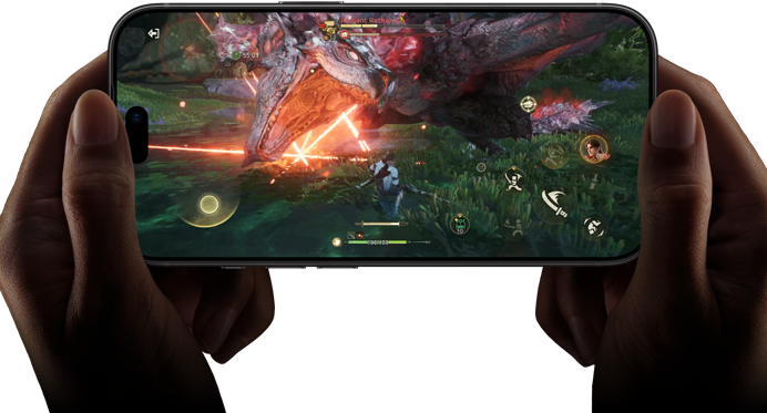 iPhone 18 Pro, front exterior, demonstrating the performance capabilities of the A20 Pro chip with a scene from the Monster Hunter Outlanders