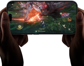 iPhone 18 Pro, front exterior, demonstrating the performance capabilities of the A20 Pro chip with a scene from the Monster Hunter Outlanders