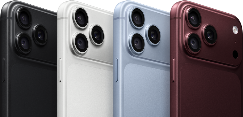 Quatre iPhone 18 Pro l’un derrière l’autre, face arrière, dans les quatre couleurs disponibles, bourgogne, glacier, argent et noir, système caméra Pro Fusion dans le coin supérieur gauche, 3 objectifs, microphone, flash