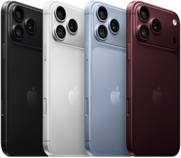 Quatre iPhone 18 Pro l’un derrière l’autre, face arrière, dans les quatre couleurs disponibles, bourgogne, glacier, argent et noir, système caméra Pro Fusion dans le coin supérieur gauche, 3 objectifs, microphone, flash