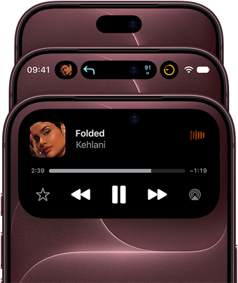 Trois iPhone 18 Pro bourgogne, l’un derrière l’autre, décalés pour montrer la Dynamic Island, qui apparaît dans différents états, désactivée, réduite, agrandie
