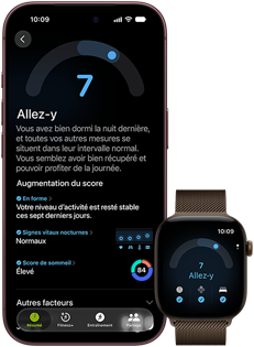 Un iPhone 18 Pro, noir, face avant, affichant un score de préparation de 7, jumelé à une Apple Watch, face avant, brune, qui affiche le même score de préparation de 7