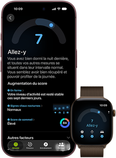 Un iPhone 18 Pro, noir, face avant, affichant un score de préparation de 7, jumelé à une Apple Watch, face avant, brune, qui affiche le même score de préparation de 7