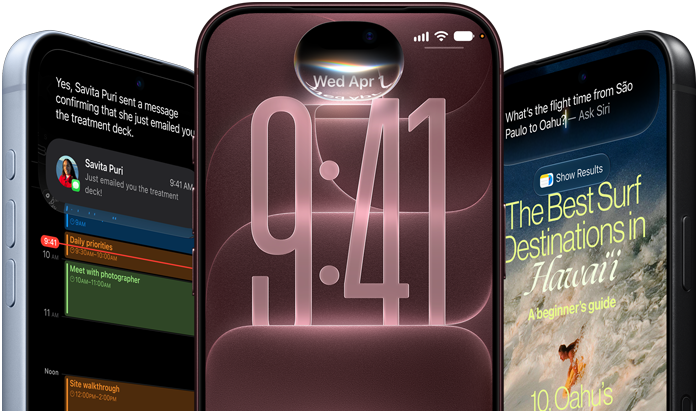 Trois iPhone 18, couleur argent, bourgogne, noir, affichant des exemples de Siri A I dans Plans et Météo