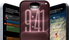 Trois iPhone 18, couleur argent, bourgogne, noir, affichant des exemples de Siri A I dans Plans et Météo