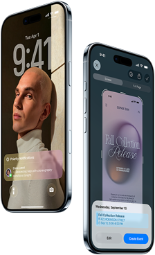 Two iPhone Air devices, front exterior, side exterior, thin profile, Lock Screen, visual intelligence feature in use