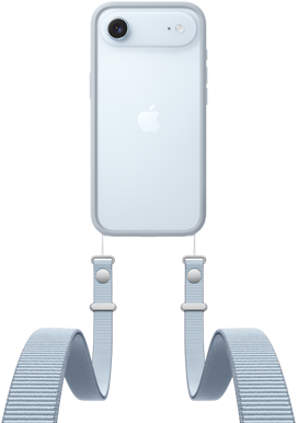 iPhone Air, back exterior, Sky Blue colour, Fusion camera system near top, centred Apple logo, Crossbody Strap with Bumper in light grey colour attached