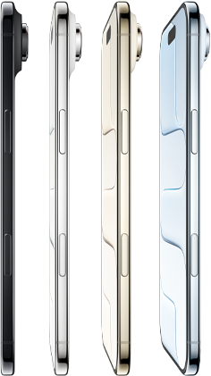 iPhone Air, side exterior, all four finishes, Sky Blue, Light Gold, Cloud White, Space Black, very thin profile, Fusion camera system, buttons: side, Camera Control