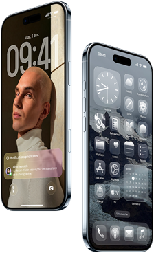 Deux iPhone Air, vue de l’avant, vue du côté, profil fin, écran verrouillé, fonctionnalité d’intelligence visuelle en cours d’utilisation