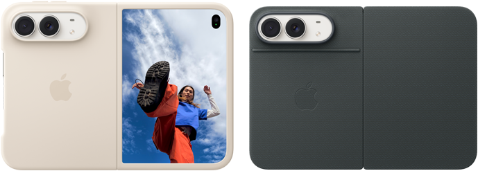 iPhone Duo, Star White colour in Sand Silicone Case, landscape orientation, fully opened horizontally, Dual Fusion cameras on the top left, case covers the back exterior and outer edge of the front display, right side features portrait of person on outer display. iPhone Duo, Star White colour, fully opened horizontally, Navy Blue Folio with Kickstand, fully opened horizontally, back exterior featuring the 48MP Dual Fusion rear cameras, two lenses