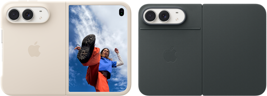 iPhone Duo, Star White colour in Sand Silicone Case, landscape orientation, fully opened horizontally, Dual Fusion cameras on the top left, case covers the back exterior and outer edge of the front display, right side features portrait of person on outer display. iPhone Duo, Star White colour, fully opened horizontally, Navy Blue Folio with Kickstand, fully opened horizontally, back exterior featuring the 48MP Dual Fusion rear cameras, two lenses