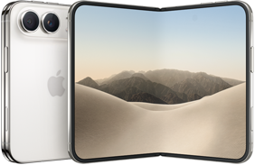 iPhone Duo, folded back exterior, Star White colour, Dual Fusion camera system at top left, Apple logo in centre. Unfolded interior display, all-screen design, rounded corners