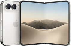 iPhone Duo, folded back exterior, Star White colour, Dual Fusion camera system at top left, Apple logo in centre. Unfolded interior display, all-screen design, rounded corners