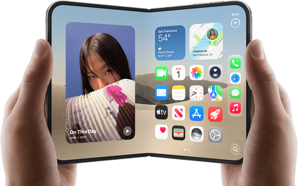 iPhone Duo, Star White colour, held by two hands in landscape orientation, unfolded, interior screen displays photos on the left, apps on the right