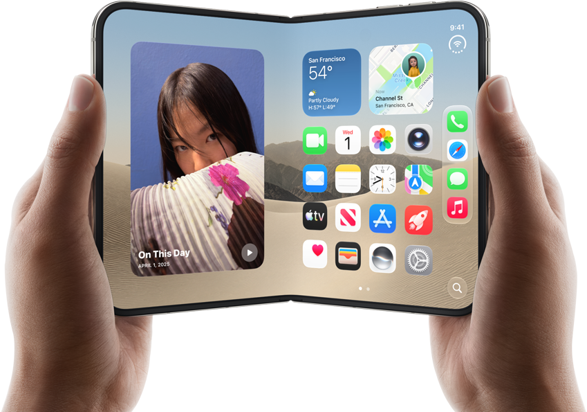 iPhone Duo, Star White colour, held by two hands in landscape orientation, unfolded, interior screen displays photos on the left, apps on the right
