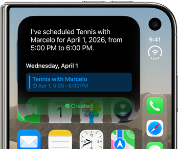 iPhone Duo, folded, outer display shows Siri AI notification indicating a calendar update