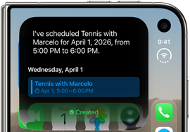 iPhone Duo, folded, outer display shows Siri AI notification indicating a calendar update