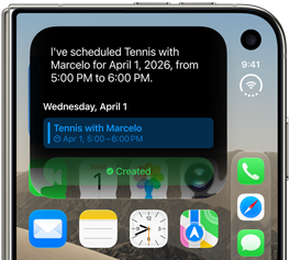 iPhone Duo, folded, outer display shows Siri AI notification indicating a calendar update