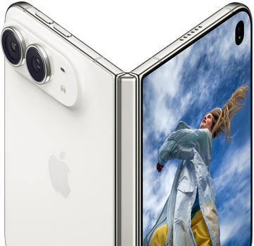 iPhone Duo, partially open like a book with hinge mechanism in the centre, exterior back panel on the left features an Apple logo and dual-camera, outer display on the right shows a portrait photo of a person with blonde hair