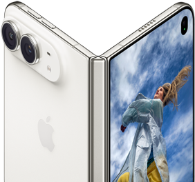 iPhone Duo, partially open like a book with hinge mechanism in the centre, exterior back panel on the left features an Apple logo and dual-camera, outer display on the right shows a portrait photo of a person with blonde hair
