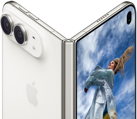 iPhone Duo, partially open like a book with hinge mechanism in the centre, exterior back panel on the left features an Apple logo and dual-camera, outer display on the right shows a portrait photo of a person with blonde hair