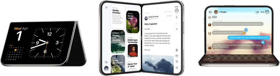 iPhone Duo, various positions: inverted open landscape orientation, unfolded at slight angle, exterior display, all-screen design. Slightly open like a book and standing upright. Open landscape orientation, unfolded at right angle, interior display, all-screen design