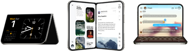 iPhone Duo, various positions: inverted open landscape orientation, unfolded at slight angle, exterior display, all-screen design. Slightly open like a book and standing upright. Open landscape orientation, unfolded at right angle, interior display, all-screen design