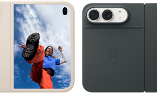 iPhone Duo, couleur blanc stellaire, dans un étui en silicone sable, orientation paysage, complètement ouvert à l’horizontale, deux caméras Fusion dans le coin supérieur gauche, l’étui couvre la face arrière externe et les bordures extérieures de l’écran avant, à droite, l’écran externe affiche le portrait d’une personne. iPhone Duo, couleur blanc stellaire, complètement ouvert à l’horizontale, étui Folio à support intégré bleu marine, face arrière externe présentant les deux caméras arrière Fusion 48 Mpx, deux objectifs