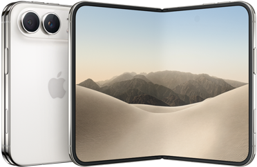 iPhone Duo, face arrière externe pliée, couleur blanc stellaire, système à deux caméras Fusion dans le coin supérieur gauche, logo Apple au centre. Écran interne déplié, écran intégral, coins arrondis