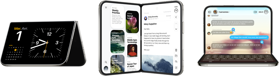 iPhone Duo, dans différentes positions : à l’envers, ouvert et en orientation paysage; déplié et légèrement en angle, écran externe, écran intégral. Debout et légèrement ouvert à la manière d’un livre. Ouvert en orientation paysage, déplié à angle droit, écran interne, écran intégral