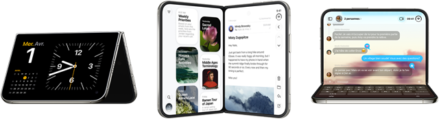 iPhone Duo, dans différentes positions : à l’envers, ouvert et en orientation paysage; déplié et légèrement en angle, écran externe, écran intégral. Debout et légèrement ouvert à la manière d’un livre. Ouvert en orientation paysage, déplié à angle droit, écran interne, écran intégral