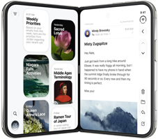 iPhone Duo, dans différentes positions : à l’envers, ouvert et en orientation paysage; déplié et légèrement en angle, écran externe, écran intégral. Debout et légèrement ouvert à la manière d’un livre. Ouvert en orientation paysage, déplié à angle droit, écran interne, écran intégral